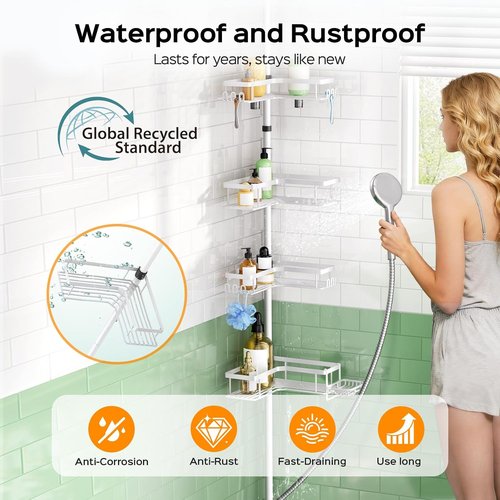 HAMITOR Corner Shower Caddy - 4-Tier Rustproof Bathroom Organizer with Soap Holder & Hooks | No-Drill Adjustable Tension Pole (47-123 Inch)
