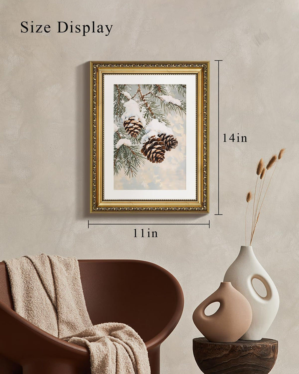 VIYYIEA Gold Framed Christmas Wall Art - Rustic Pinecone & Pine Tree Canvas Print | 11x14in Holiday Decor