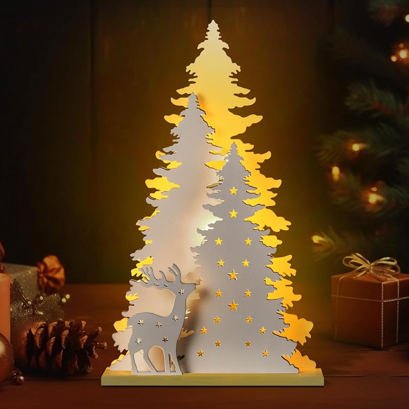 Wooden Christmas Tree Table Decor with LED Lights