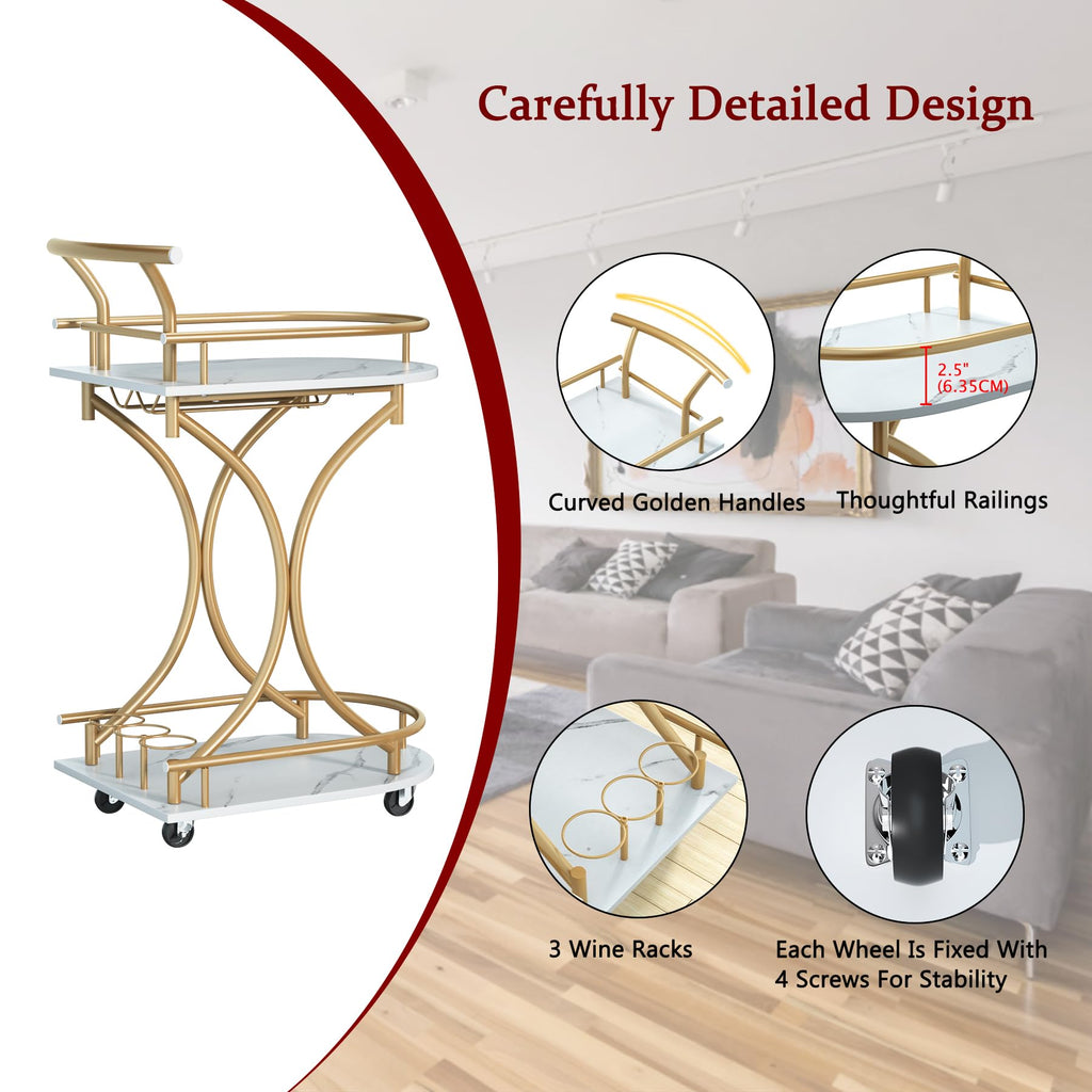 Maiproo Bar Cart with Wheels Handle Rolling Home Bar Serving Carts 2 Tier Curved Anti-Collision Storage Small Trolley with Wine Rack and Glass Holder for Kitchen Dining Room Living Room Gold