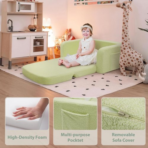 Foryoomi Extra Wide Kids Couch, 2-in-1 Soft Toddler Couch with Blanket, Comfy Toddler Chair, Convertible Sofa with Cute Colorful Rainbow Design, Green