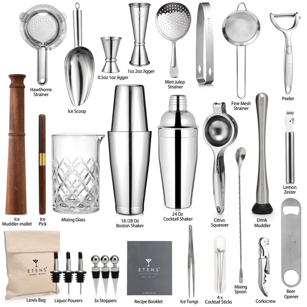 ETENS 33-Piece Professional Bartender Kit with Weighted Boston Shaker – High End Mixology Set for Home Bar – Stainless Steel Barware Tool Set Unbreakable Citrus Squeezer, Ice Scoop & Mixing Glass