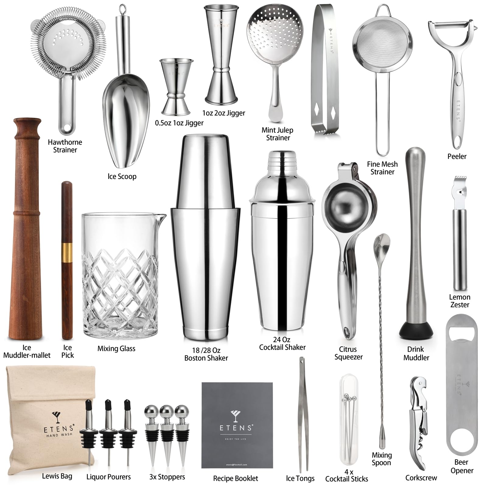 ETENS 33-Piece Professional Bartender Kit with Weighted Boston Shaker – High End Mixology Set for Home Bar – Stainless Steel Barware Tool Set Unbreakable Citrus Squeezer, Ice Scoop & Mixing Glass