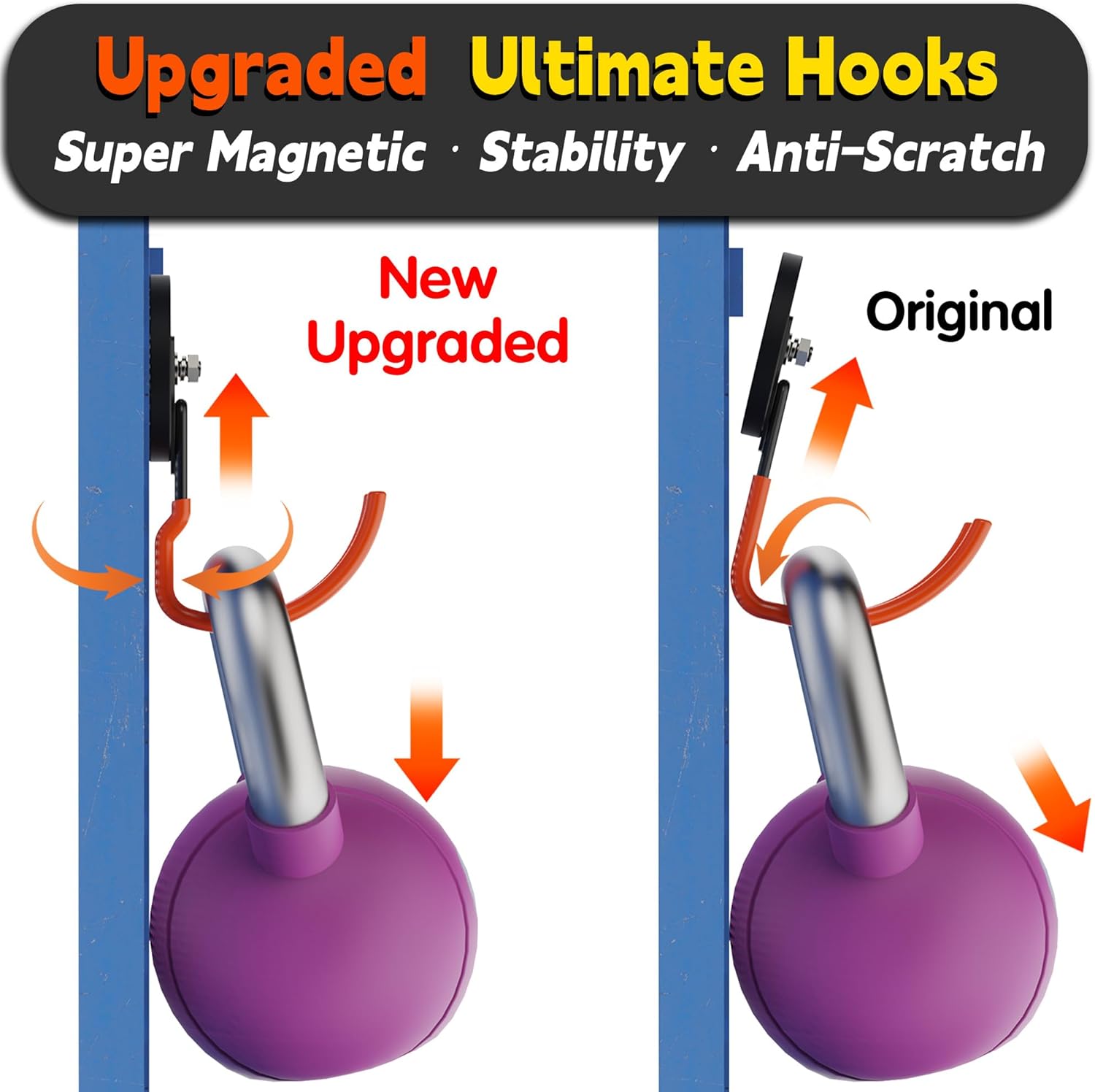 ULIBERMAGNET Ultra-Strong Magnetic Hooks - 40LB Heavy Duty Hold for Tools & Cords | 2 Pack, Orange, 3.46 Inch