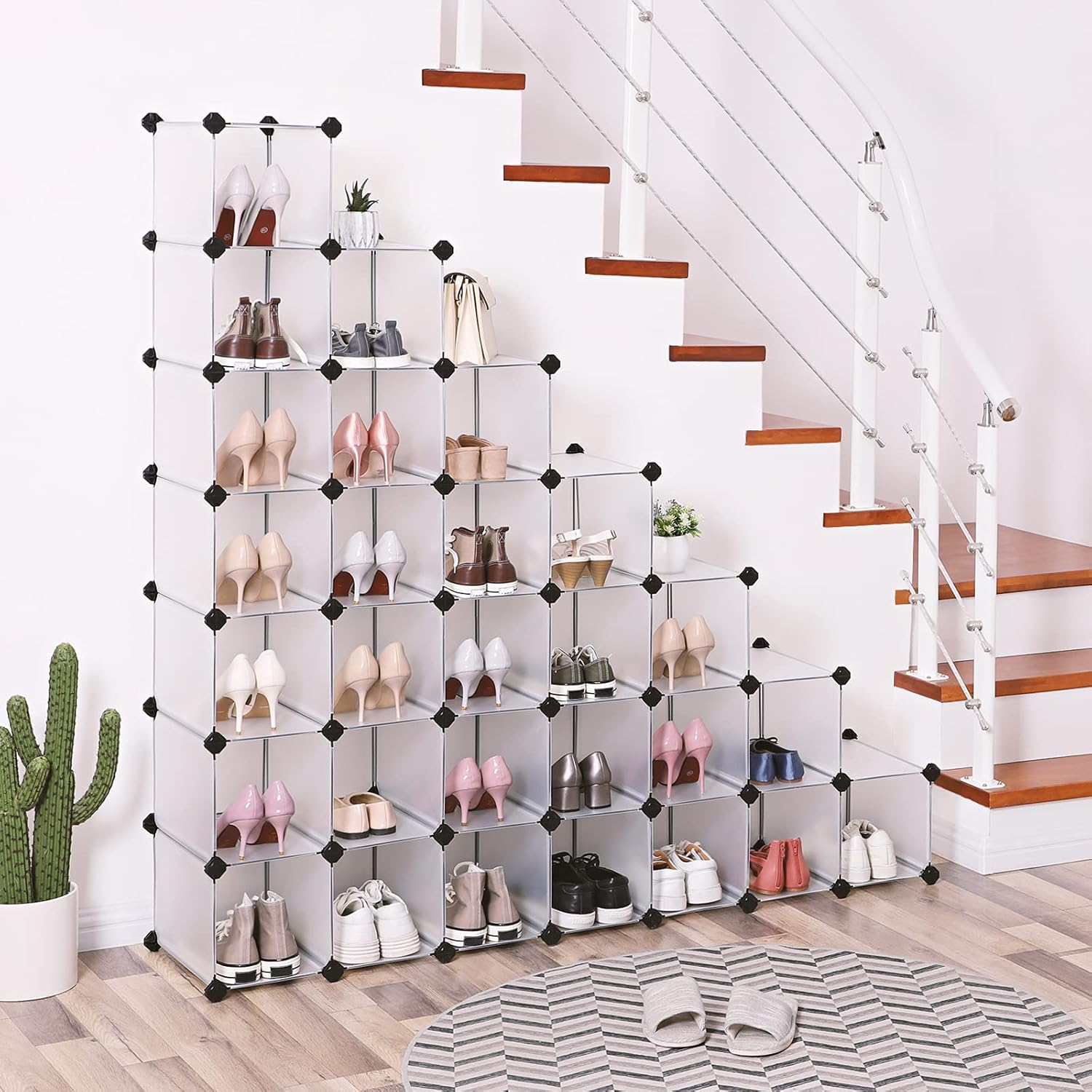 SONGMICS Shoe Rack - 32 Cube Interlocking Plastic Organizer | DIY Storage Cabinet for Closet, Entryway, Garage - Space-Saving Design, 13.9 x 35.1 x 54.5 Inches