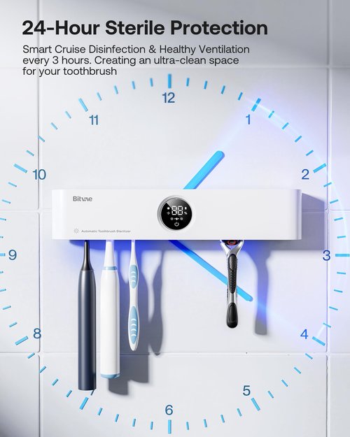 Bitvae Toothbrush Holder, Cleaning and Fast Drying, 5 Toothbrush Slots or Shaver Slot Accessories for Family, LED Smart Screen, Wall Mounted Holders for Bathrooms