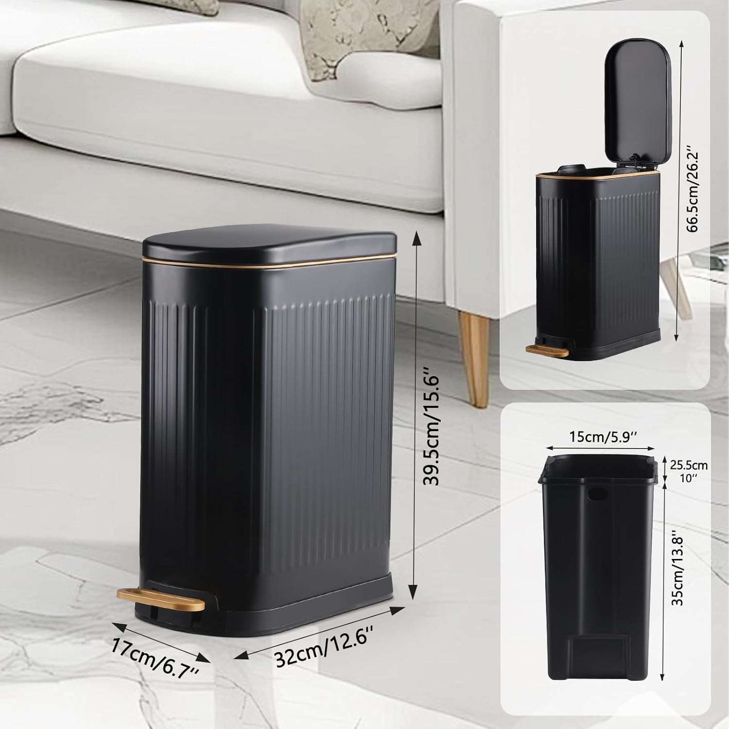 SYNCVIBE Slim Bathroom Trash Can - Stainless Steel Soft Close Step Bin with Removable Inner Bucket | Matt Black, 3.5 Gallons