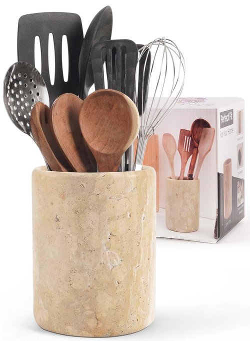 SPESHSTONES Marble Utensil Holder 6.5 Inch Travertine Utensil Caddy, Wooden Cooking Utensils Set & Spatula Organizer for Kitchen Counter Decor, Stone Crock for Spoon Holder & Farmhouse Decor