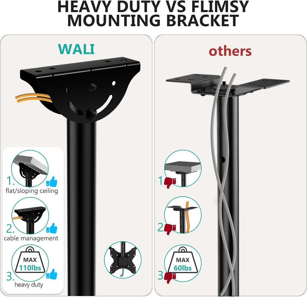 WALI Ceiling TV Mount - Adjustable Bracket for 26-65 Inch 4K TVs | Supports Up to 110 lbs, Black