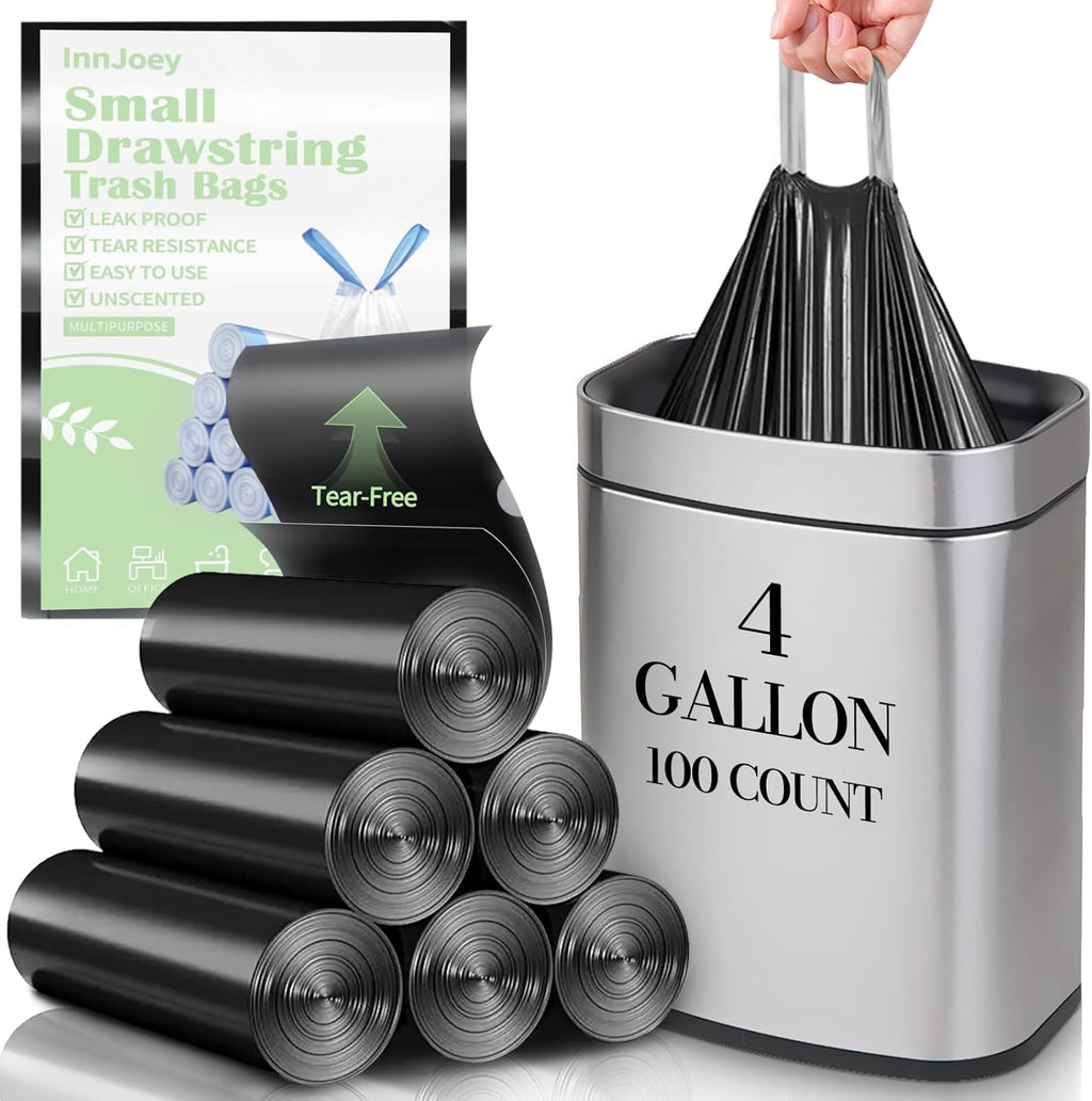 Skiennix 100 Count Small Drawstring Trash Bags - Thick 4-Gallon Liners for Bathroom & Office | Black