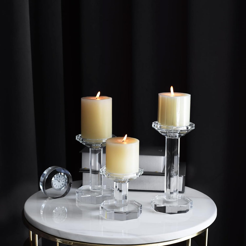 Skiennix Crystal Candlestick Holders - Set of 3 Clear Holders for Taper & Pillar Candles | Elegant Table Centerpieces (4''/6''/8'' Tall)