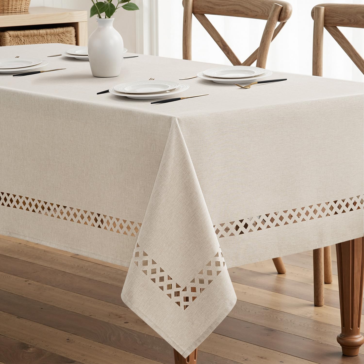 MIULEE Beige Rectangle Polyester Tablecloth with Decorative Cutouts Spring Waterproof Stain Resistant & Shrink-Proof Table Cloth 60x84 inch Farmhouse Style for Dining Wedding and Outdoor