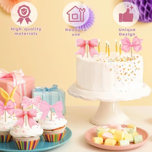 Coquette 48PCS Bow Cupcake Toppers - Pink Bow Cake Decorations for Birthdays & Showers