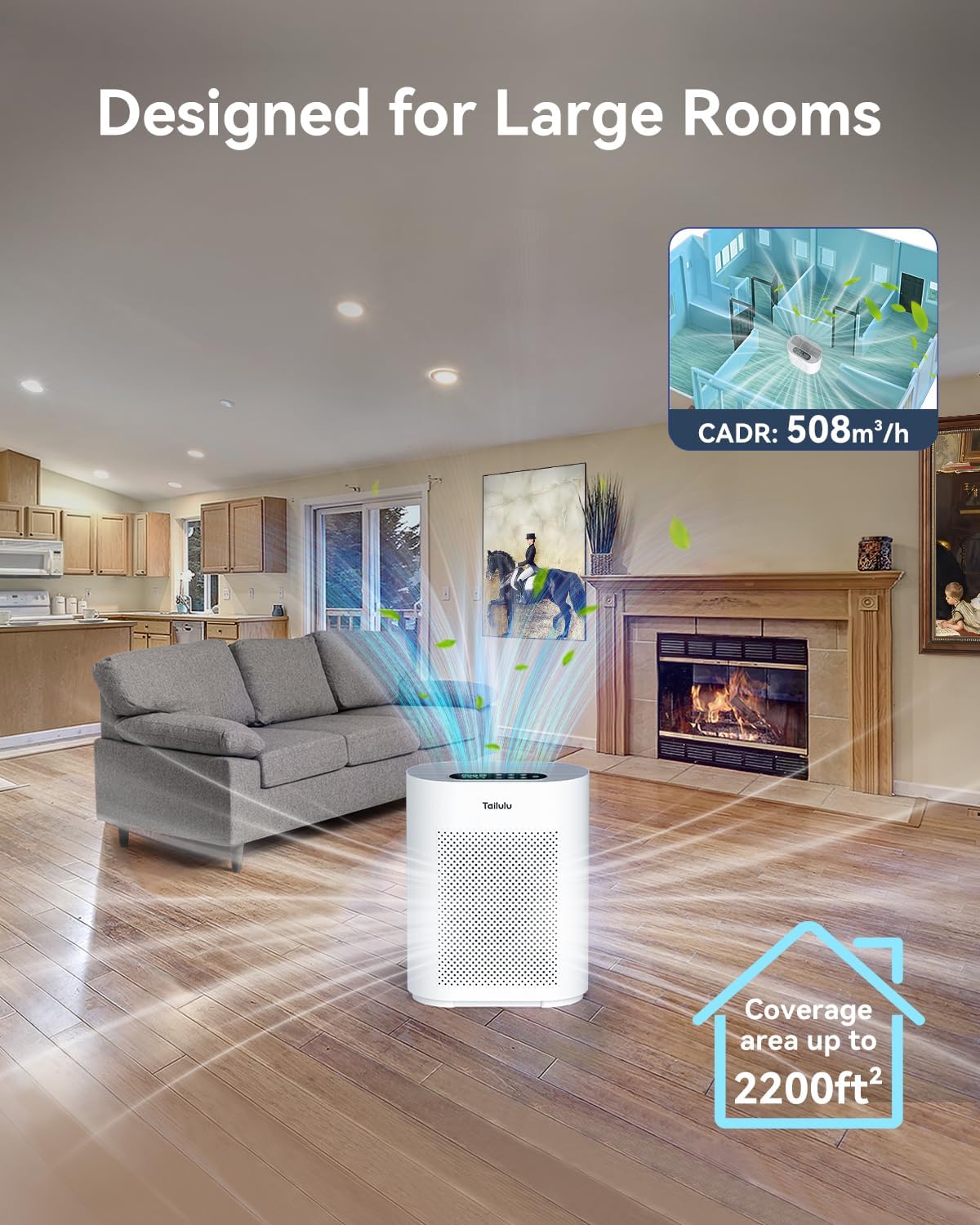 Tailulu HQKJ-180 Air Purifier - Smart Mode with PM2.5 Sensor & 20dB Sleep Mode for Large Rooms Up to 2200ft²