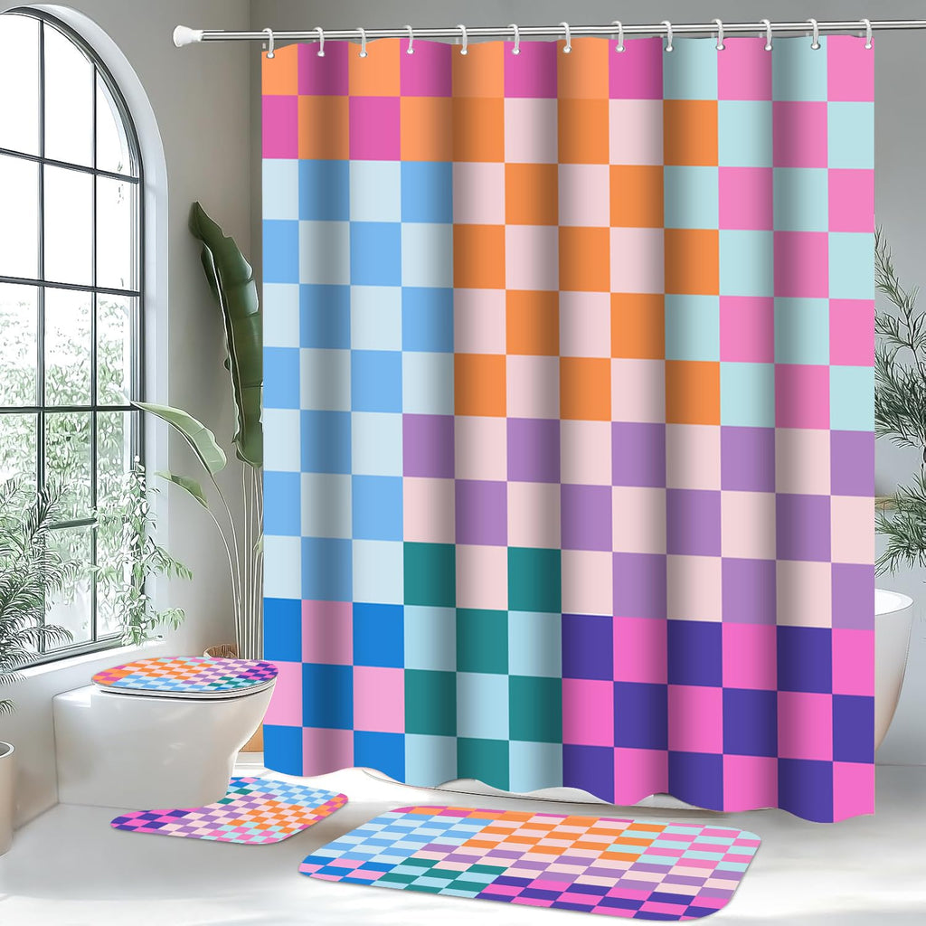 Vostolaiv 4 PCS Checkered Shower Curtain Sets Fun Gingham Bathroom Sets Soft Non Slip Bath Rugs Toilet Cover U-Shaped Mat Retro Bright Waterproof Shower Curtains with 12 Hooks for Tub Toilet, Colorful