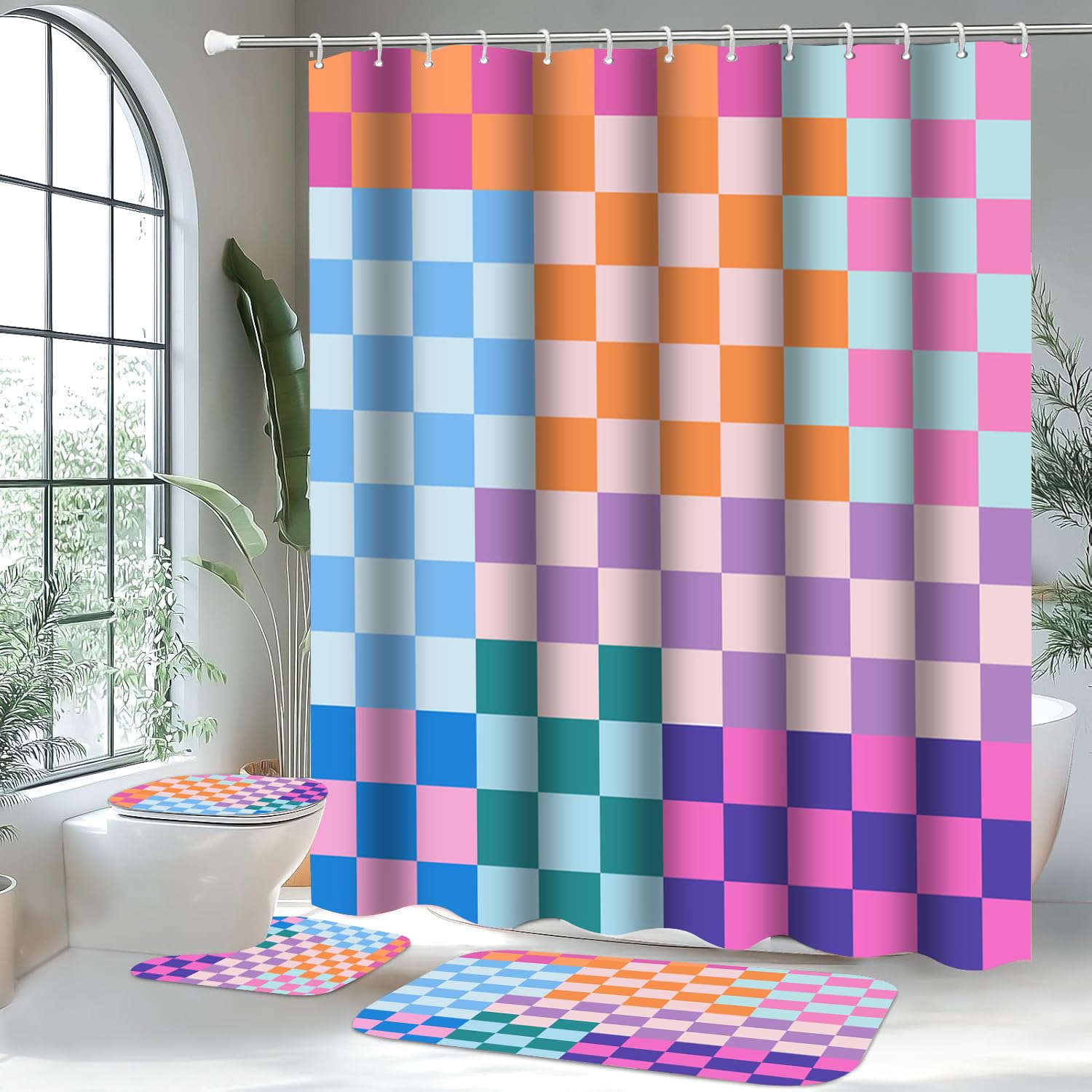 Vostolaiv 4 PCS Checkered Shower Curtain Sets Fun Gingham Bathroom Sets Soft Non Slip Bath Rugs Toilet Cover U-Shaped Mat Retro Bright Waterproof Shower Curtains with 12 Hooks for Tub Toilet, Colorful