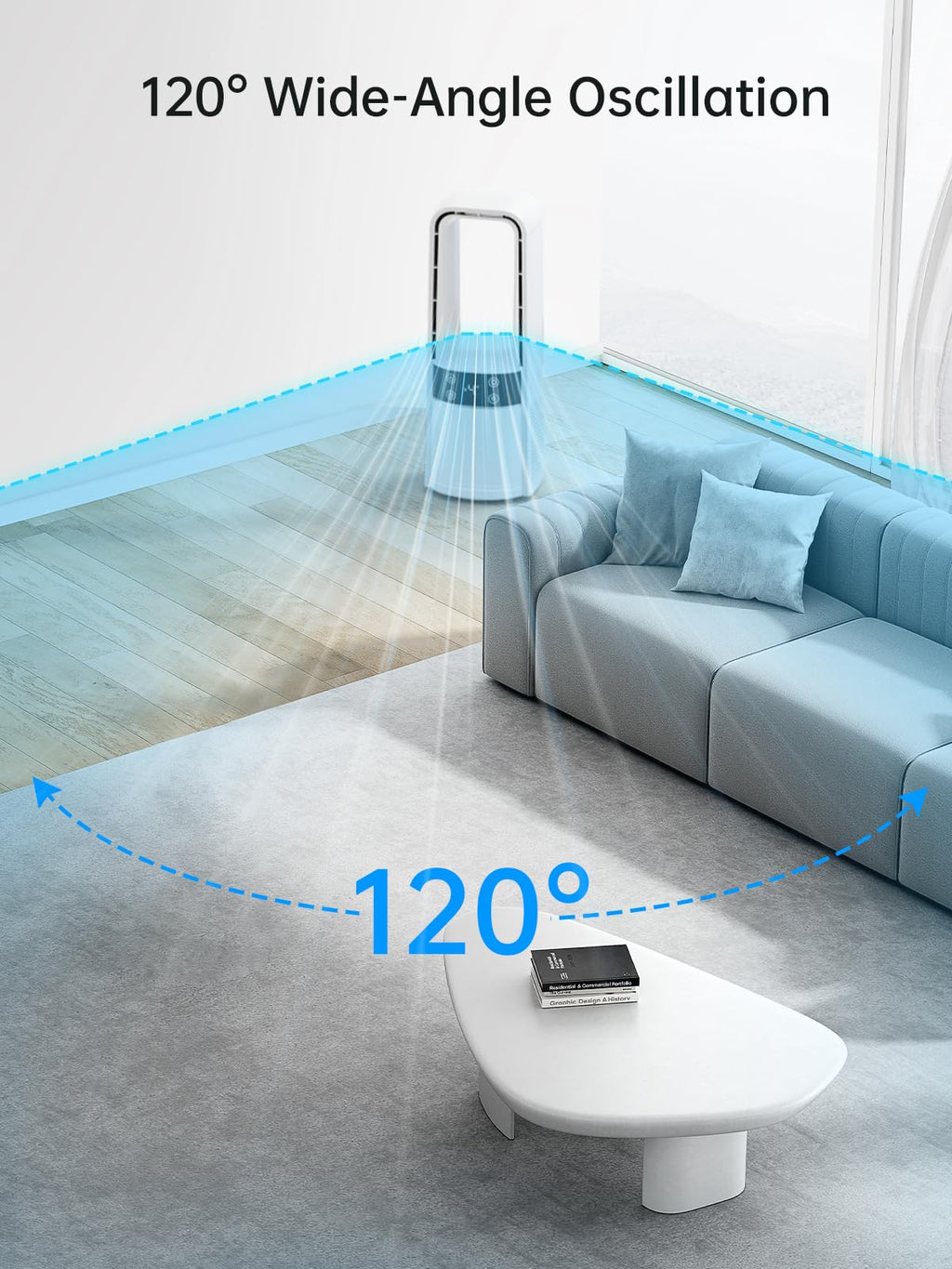 Desk Fan Bladeless, 120° Oscillating Fan Rechargeable, Quiet Fan with Night Light, Smart LED Touch Control, 4 Speed & 9H Timer, Small Table Fan, Auto Display Off, Ideal for Home, Office, Study Room
