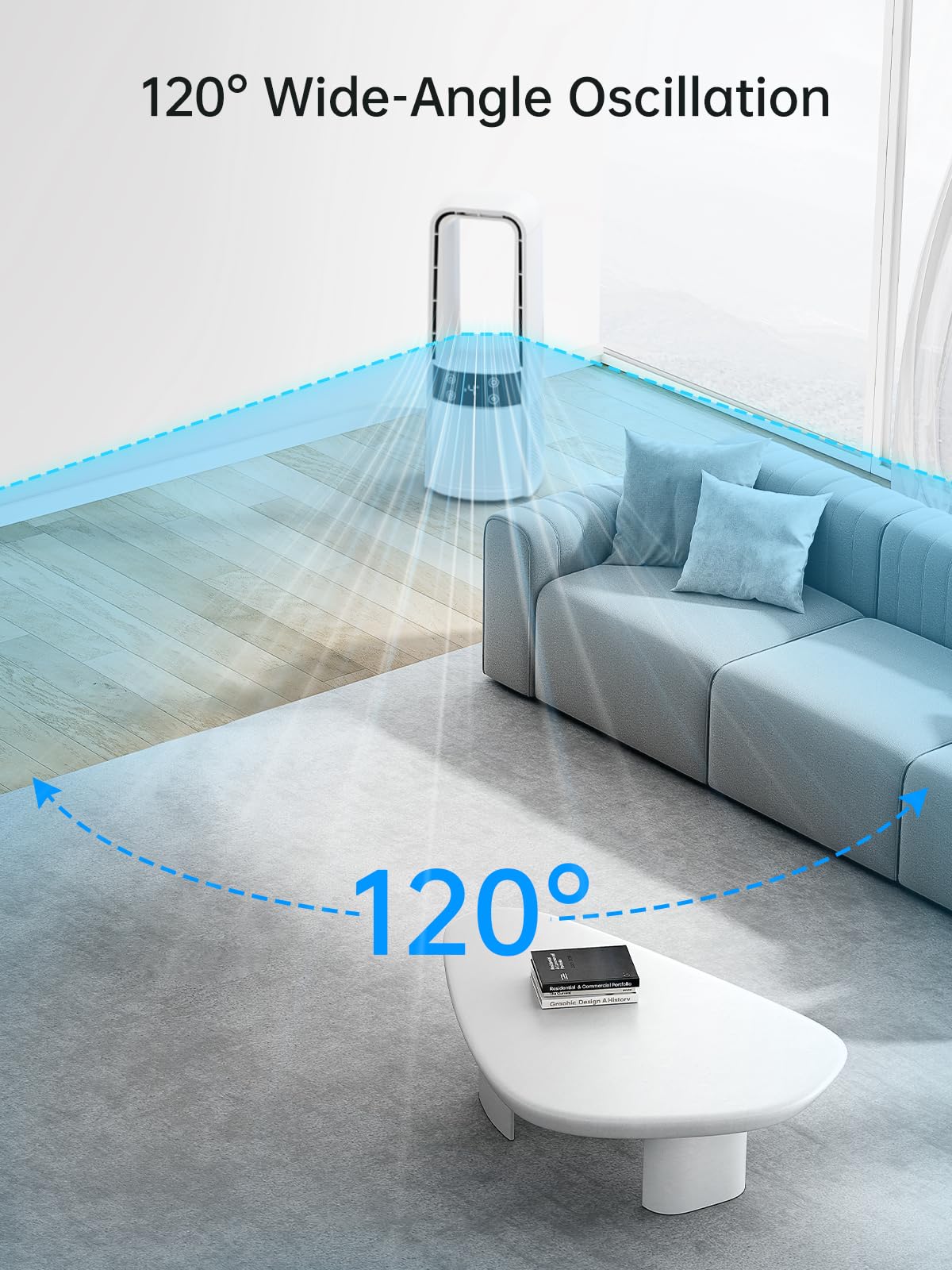 Desk Fan Bladeless, 120° Oscillating Fan Rechargeable, Quiet Fan with Night Light, Smart LED Touch Control, 4 Speed & 9H Timer, Small Table Fan, Auto Display Off, Ideal for Home, Office, Study Room