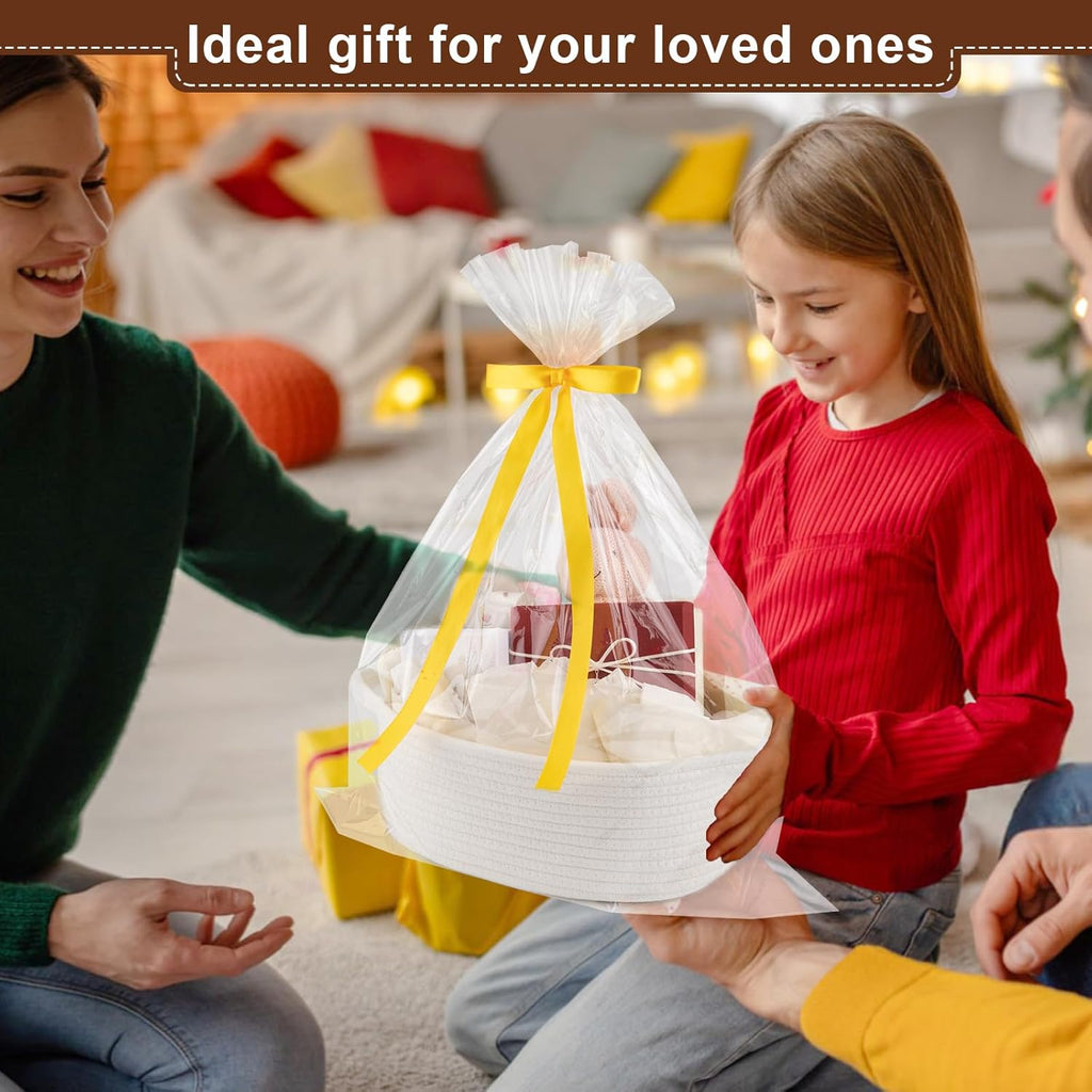 OIAHOMY Woven Gift Basket - Small Nursery Organizer with Handle, Ribbon & Tissue Paper | White