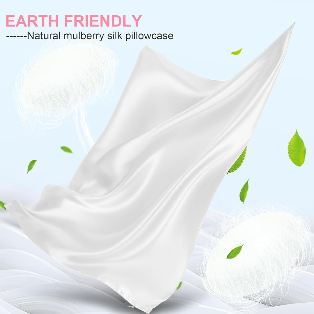 Skiennix Mulberry Silk Pillowcases - 2 Pack Queen Size, Hidden Zipper for Hair & Skin Care | Pure White