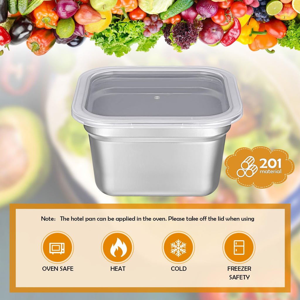 Suttmin 8 Pcs 1/6 Size Hotel Steam Table Pans with Lids, Stainless Steel Food Containers and PP Plastic Covers, Anti-clogging Steamer Pans for Buffet, Catering, Restaurant, and Food Prep(4" Deep)