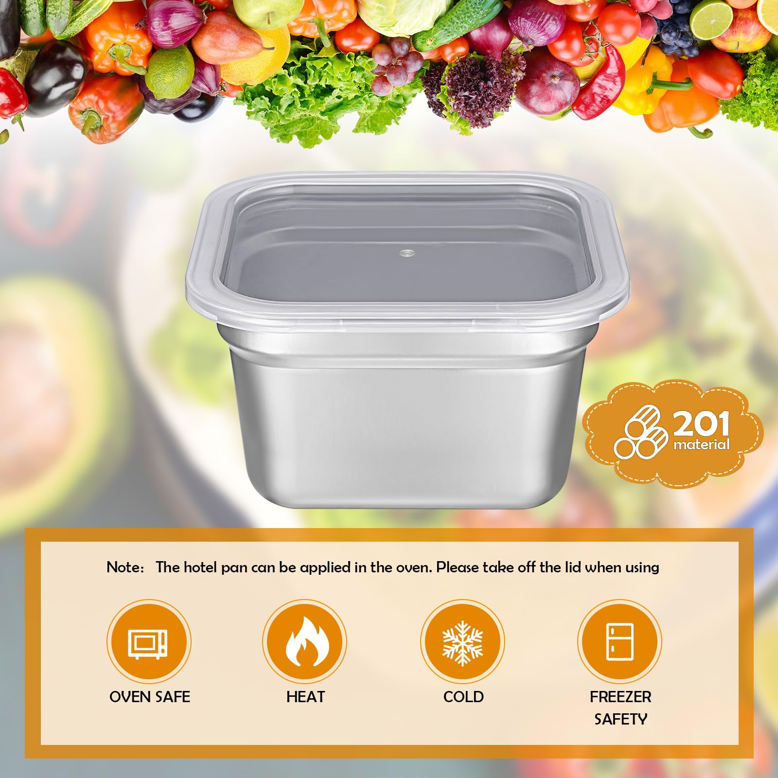 Suttmin 8 Pcs 1/6 Size Hotel Steam Table Pans with Lids, Stainless Steel Food Containers and PP Plastic Covers, Anti-clogging Steamer Pans for Buffet, Catering, Restaurant, and Food Prep(4" Deep)