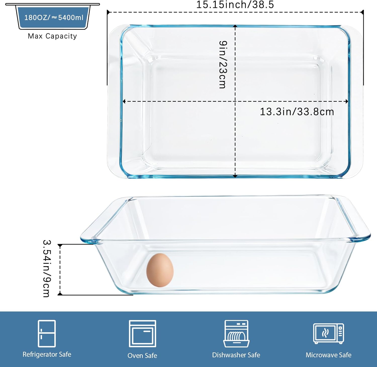 Skiennix 5.7qt Extra Large Glass Baking Dish - 9x13 Rectangular Tempered Oven & Microwave Safe