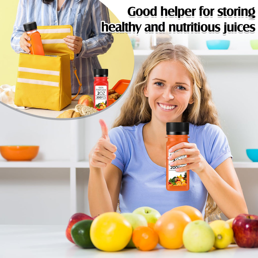 Sliner 200 Pcs 2oz Small Plastic Juice Bottles Ginger Juice Bottle with Lids Liquid Vial Reusable Clear Beverage Container with Lid, Freezer Safe, Leak Proof for Milk, Water(Black Lid)