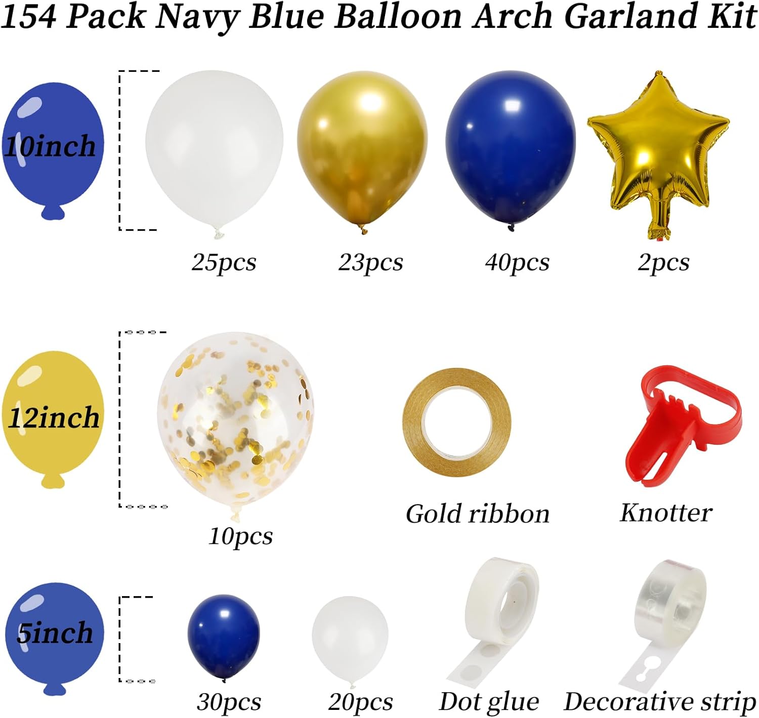 RUBFAC Royal Blue Gold Balloon Garland Arch Kit - Metallic & Star Foil Balloons for Parties