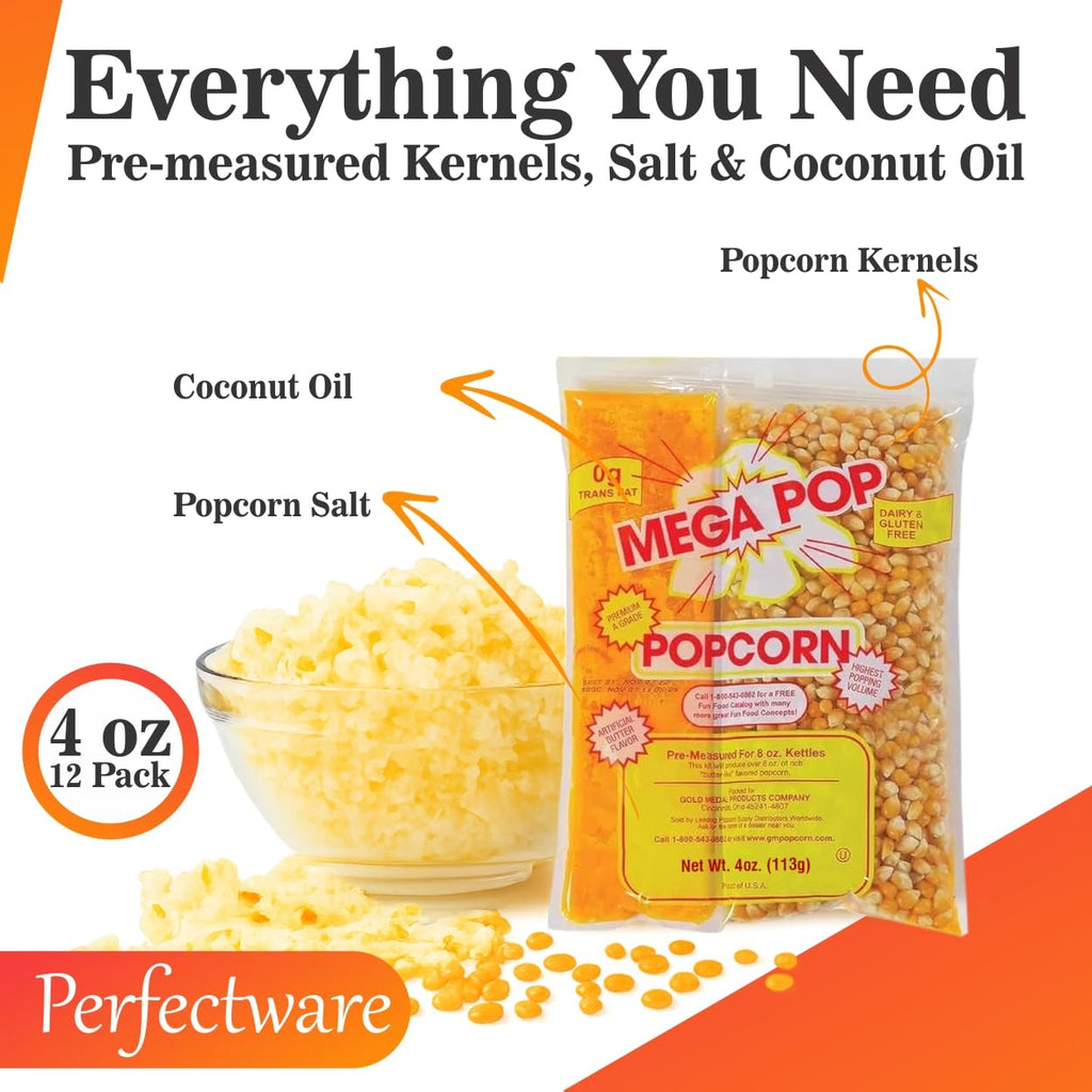 Perfectware All in One Popcorn Portion Packets with Kernels, Salt, and Coconut Oil for Popping Machine, 4 oz, 12 Count