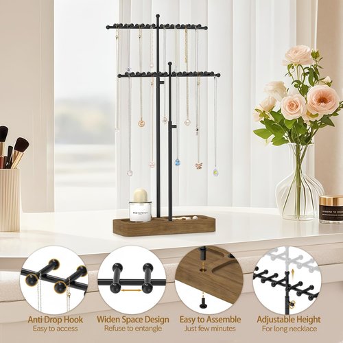 MODOWEY Necklace Holder Organizer Stand with 36 Hooks, Tall Display Tree Rack for Women Men Jewelry Storage, Adjustable 2 Tier Metal Hanger Wood Tray for Vendor, Large Capacity for Dresser Small Space
