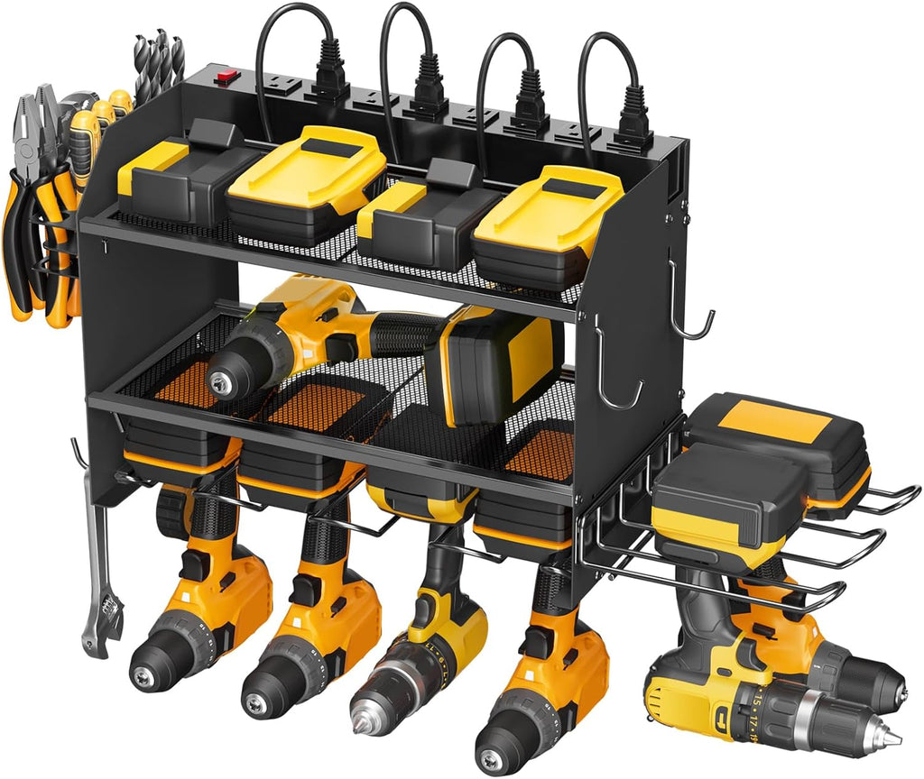 CCCEI Modular Power Tool Organizer - Wall Mount Charging Station with 8 Plug Power Strip | Heavy Duty Black Metal Shelf for 6 Drills & Utility Storage
