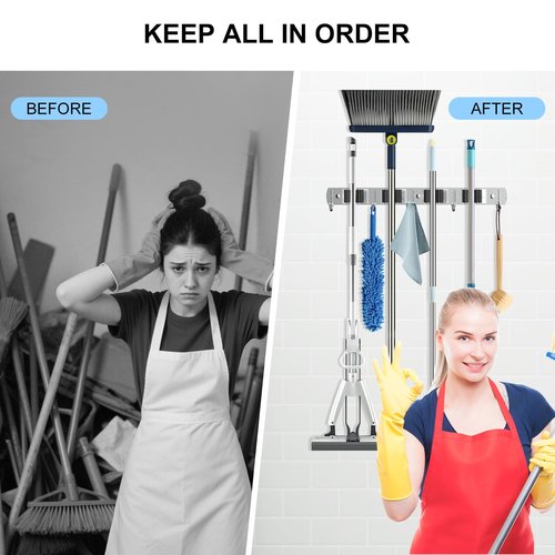 2 Pack Broom Holder Wall Mount Mop Hanger, Stainless Steel 4 Racks 5 Hooks Self Adhesive Heavy Duty Tool Organizer for Garage Kitchen Garden Laundry Room Home (Silver）