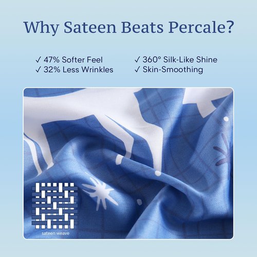 JSD 100% Cotton Sheet Set Queen Size 300 Thread Count, Blue Buffalo Plaid Deer Snowflakes Sateen Bed Sheets Deep Pocket