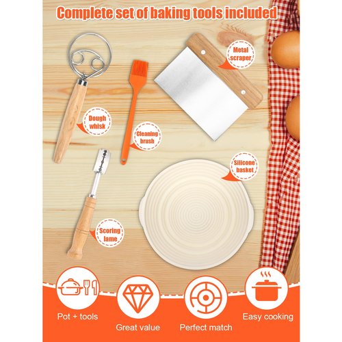QuliMetal Dutch Oven Bread Baking- 5QT Enamel cast iron Oven with Sourdough Bread-Baking Supplies like Bread Proofing Basket, Scoring Lame, Dough Whisk for Sour dough, Bread-making Red
