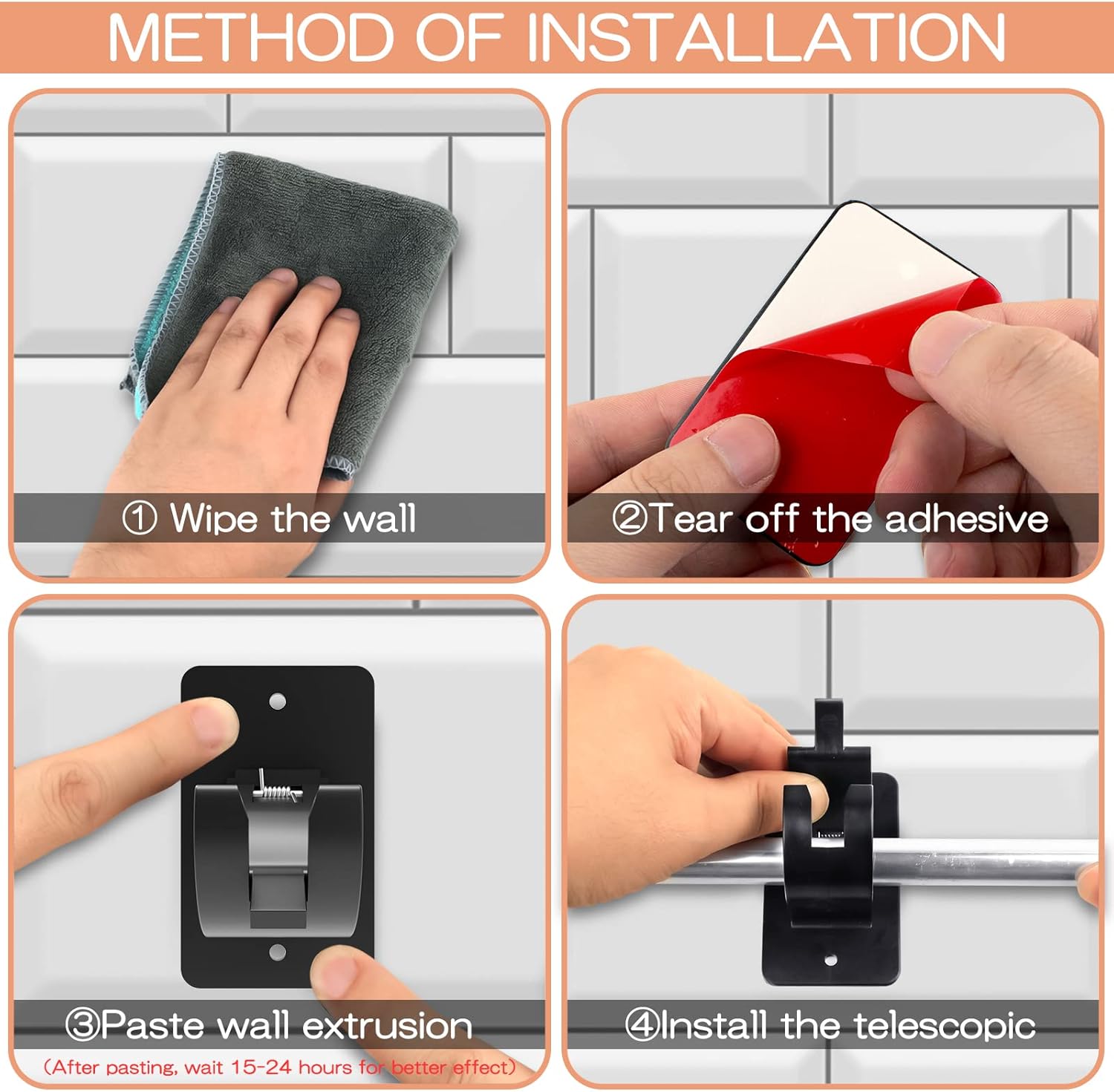 Skiennix Self-Adhesive Curtain Rod Brackets - No Drill, Universal Plastic Holders for Home Use | Black, 2 Pieces