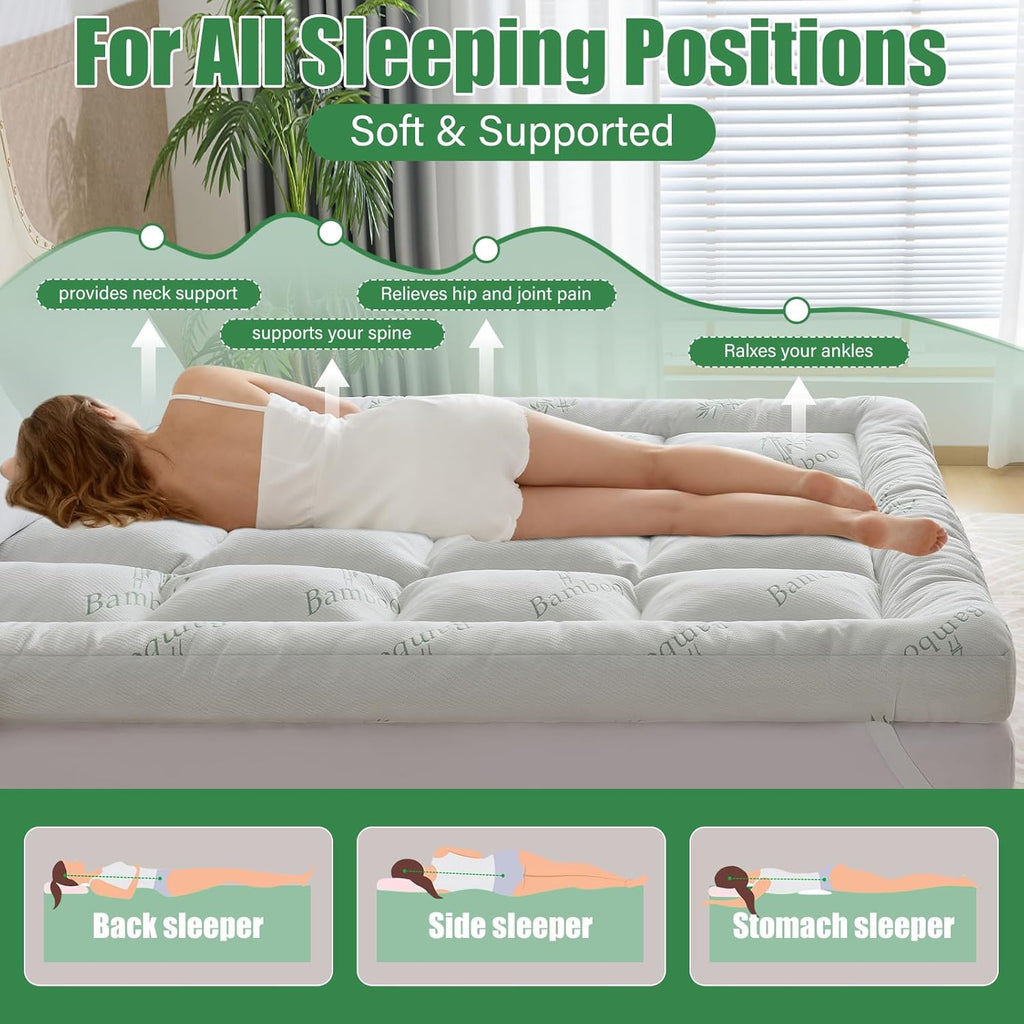WhatsBedding 5-Inch Memory Foam Mattress Topper - Bamboo Viscose, Breathable & Soft | Queen Size 80x60in
