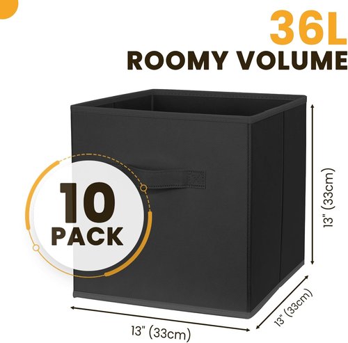 Large Storage Cubes | 13-Inch Organizing Bins for Kallax Shelves - 10 Pack Collapsible Black Boxes