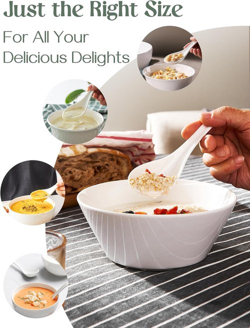 DOWAN Ceramic Soup Spoons - Large White Japanese Spoons for Ramen & Pho | Set of 4 with Deep Oval Hook Design