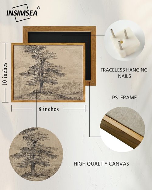 InSimSea Framed Canvas Wall Art - Rustic Tree Sketch Painting for Living Room | 10x8 in, Beige Tones