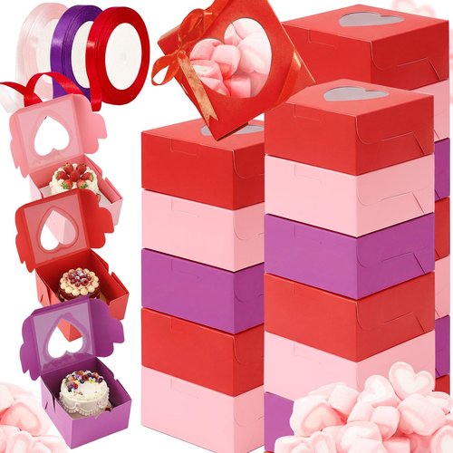 Henoyso 80 Pcs Mother's Day Cupcake Boxes 4 x 4 x 2.5 Inch Valentine Galentine Bakery Treat with Heart PVC Window Individual Cookie Candy Boxes for Gift Giving Party Favor (Pink,Red,Purple)