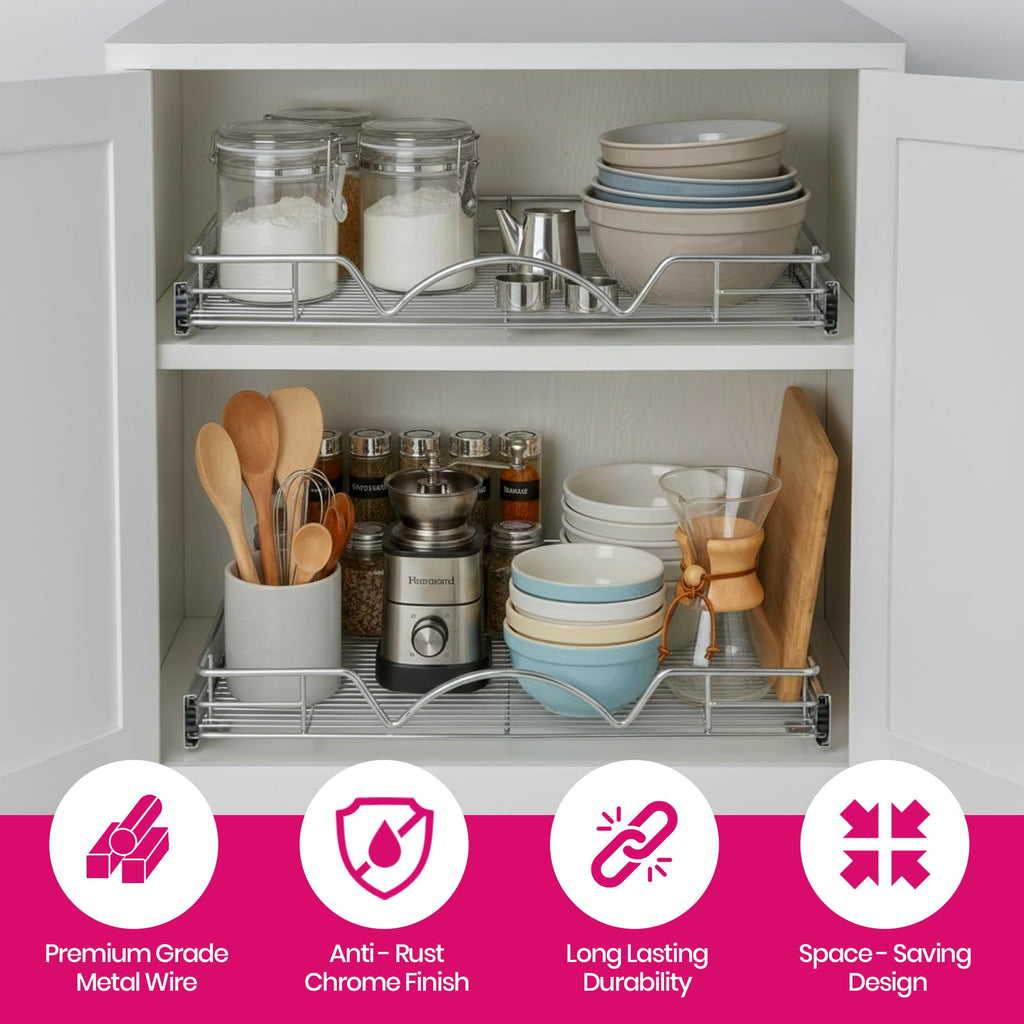 HOLDN’ STORAGE Pull Out Cabinet Organizer, Heavy Duty Caddy w/Lifetime Limited Warranty -26”W x 21”D - Requires At Least 27-1/4” Cabinet Opening, Steel Metal Cabinet Drawers Slide Out, Chrome