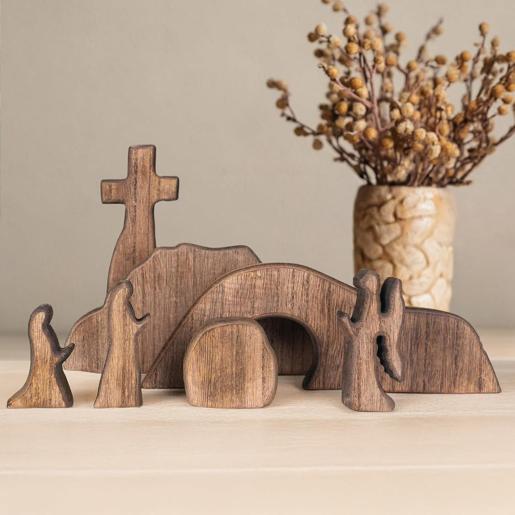 Nerosun Easter Scene Decoration - Wooden Jesus Resurrection Nativity Set | Christian Tabletop Decor