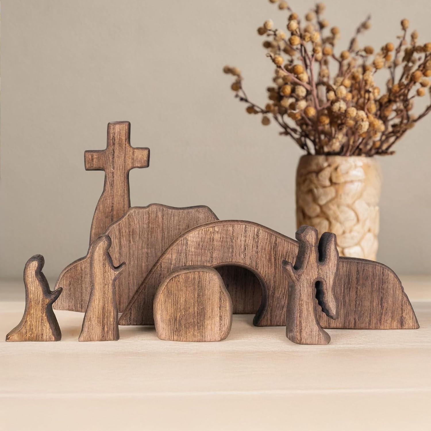 Nerosun Easter Scene Decoration - Wooden Jesus Resurrection Nativity Set | Christian Tabletop Decor