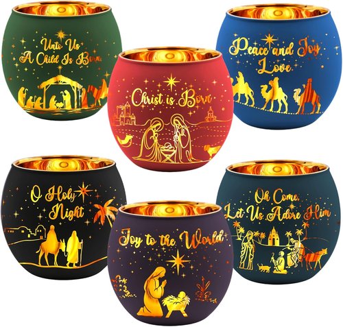 Jingmore Christmas Nativity Scene Votive Candle Holders - 6 Glass Holders with Flameless Candles & Engraved Patterns