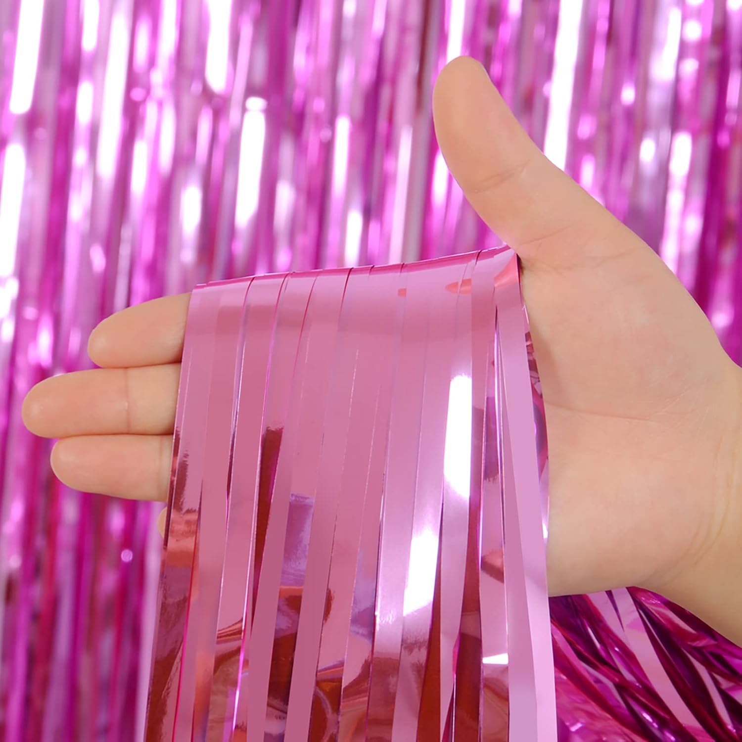 Melsan Pink Foil Fringe Curtains - 3.2 x 8 Ft Metallic Tinsel Backdrop for Baby Showers & Birthday Parties | Pack of 2