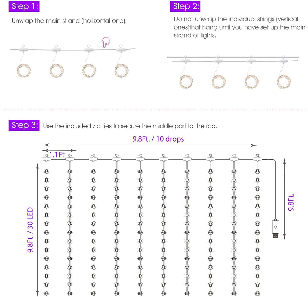 Minetom 300 LED Purple Halloween Curtain Lights - Dimmable Fairy Lights with Remote & Timer | USB Powered, 8 Modes for Indoor Decor