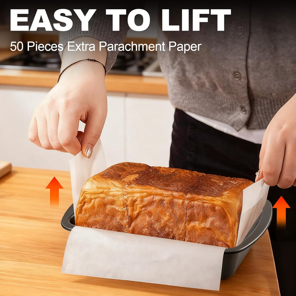 Premium Carbon Steel Non-Stick Loaf Pan - 2-Pack with 50 Parchment Paper Liners | BPA Free, Dishwasher Safe, 10x5