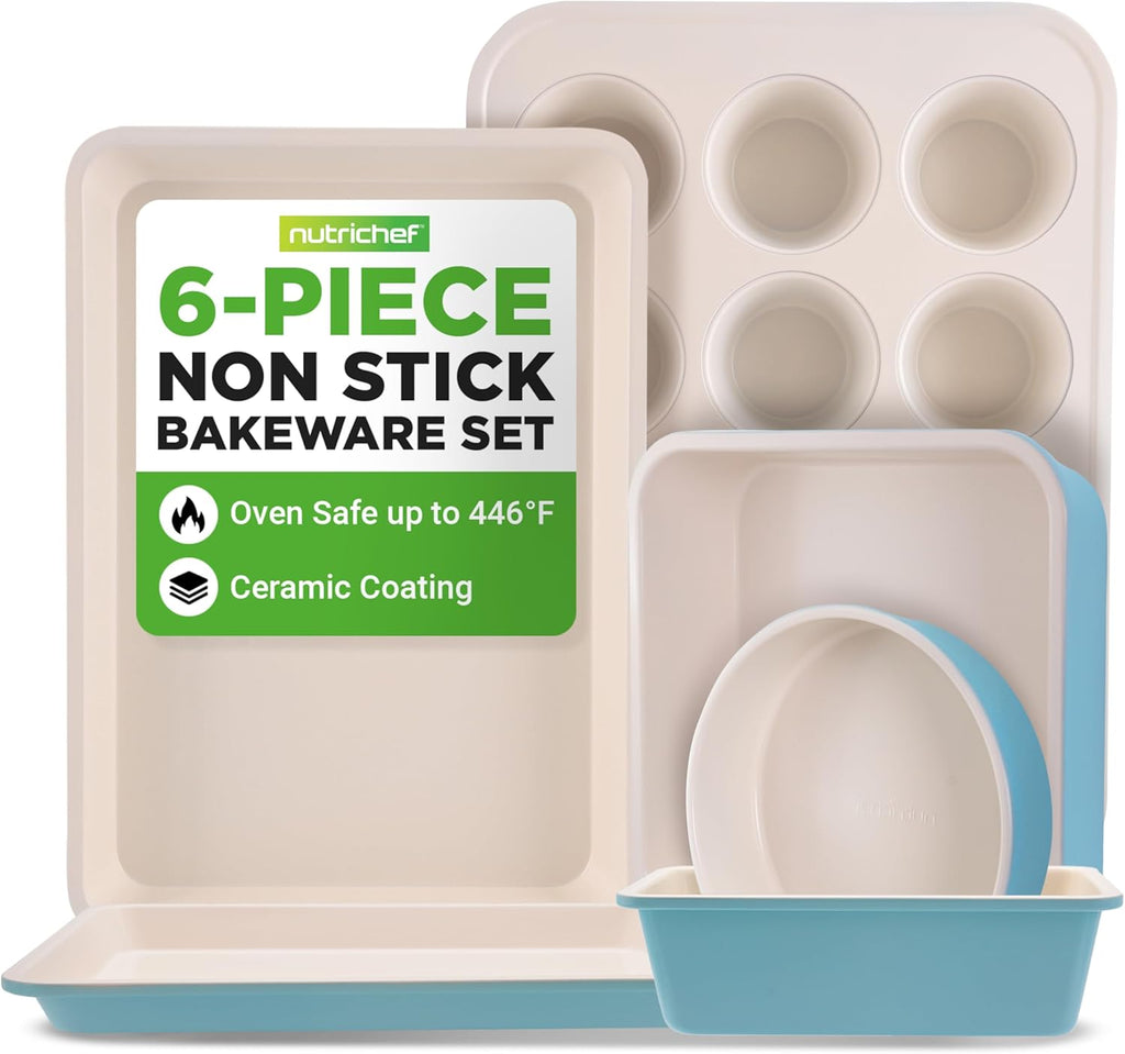 NutriChef 6-Piece Baking Pan Set - Premium Carbon Steel Bakeware with Non-Stick Coating | Turquoise
