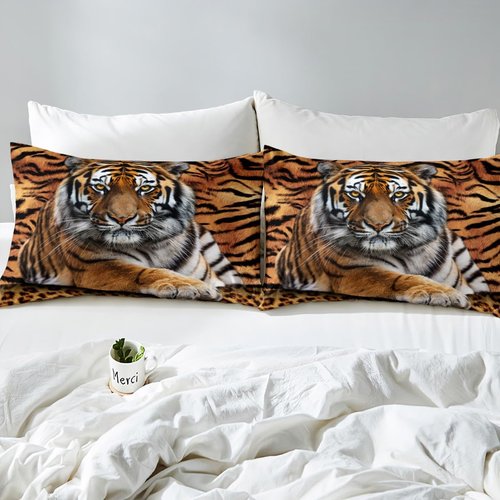 Manfei Tiger 3D Print Fitted Sheet Twin Size Wild Animals Bedding Set 2pcs for Kids Teens Room Decor,Animal Fur Bed Cover Soft Breathable Bed Sheet Set with 1 Pillowcase